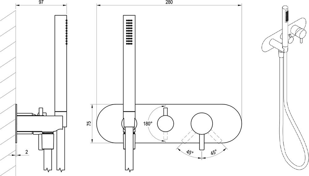 Espirit ES 068.00 смеситель скрытого монтажа с переключателем, с комплектом (лейка + шланг), для R-box