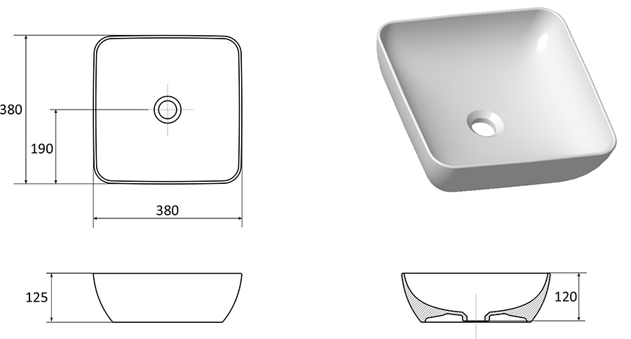 Керамический умывальник UNI 380 S SLIM